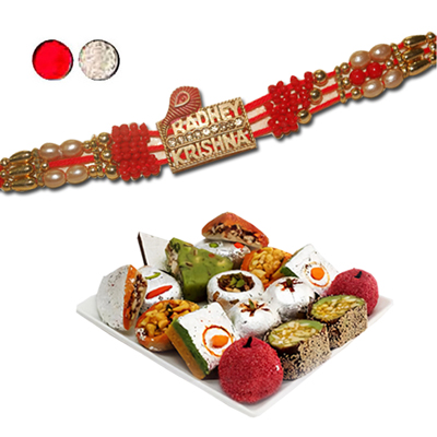 "Rakhi - FR- 8200 A (Single Rakhi), 500gms of Kaju Assorted Sweets - Click here to View more details about this Product